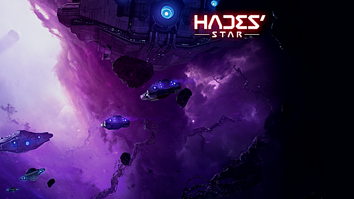 Spaceship in space wiht the text that says: Hades Star